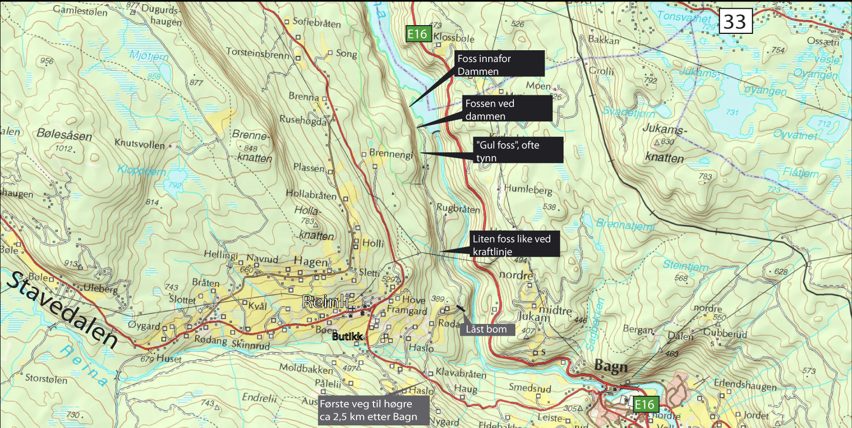 kart over fossane ved dammen